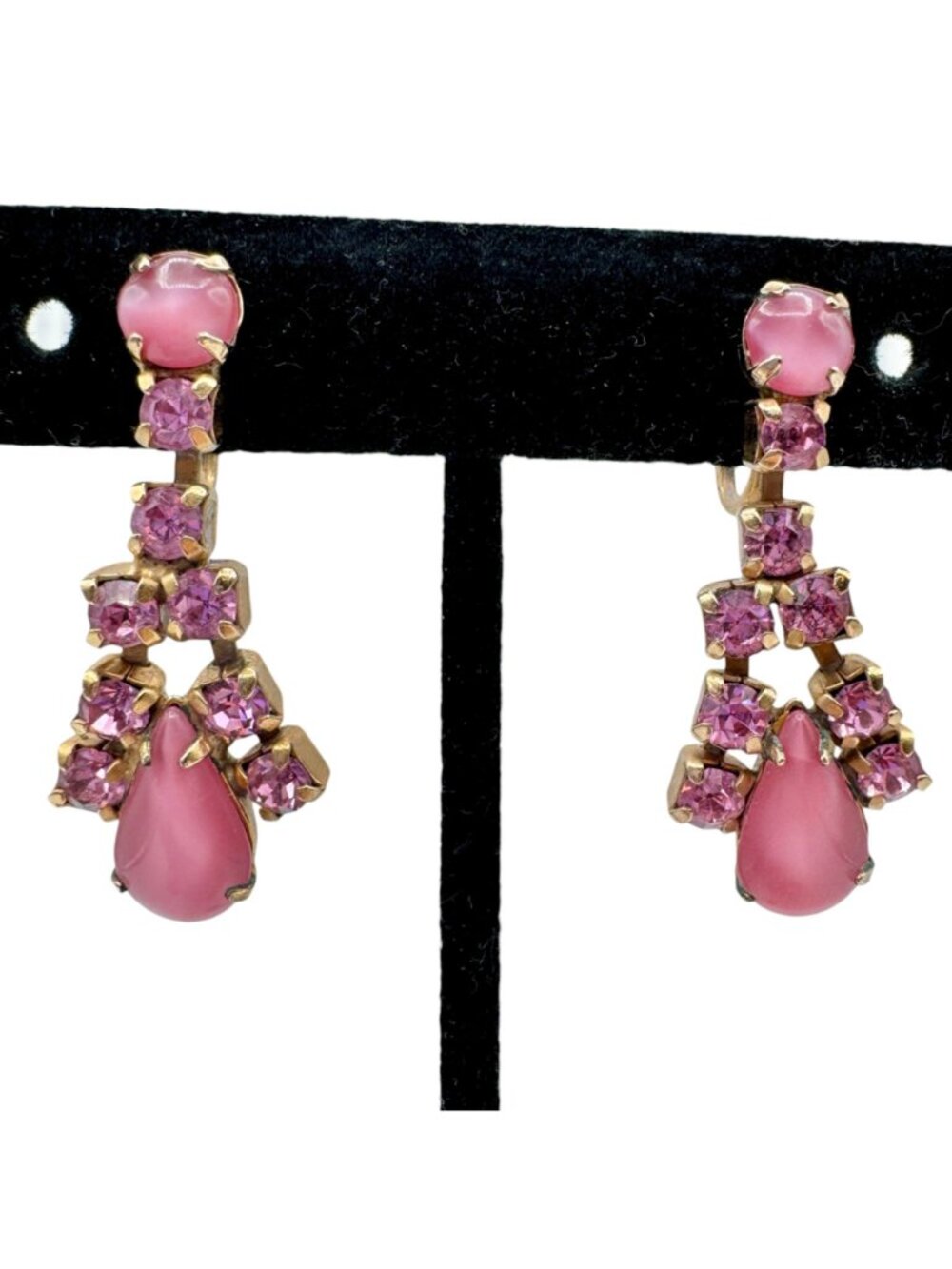 Vintage Pink Rhinestone Dangle Drop Earrings Moonglow Mid-Century Glam - Picture 2 of 11